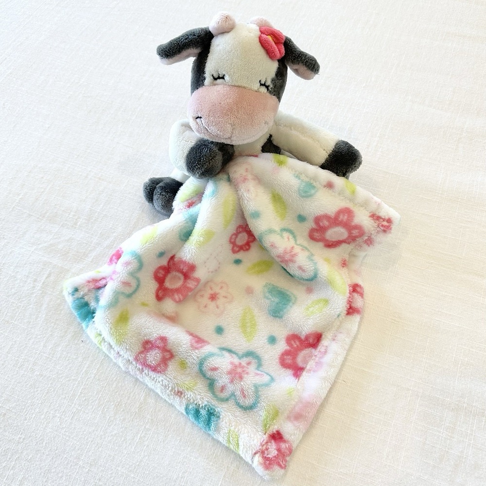 Little Miracles Cow Baby Lovey Security Blanket With Pastel Flowers Plush